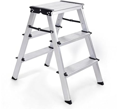 Sekey Trittleiter 3 Stufen Beidseitig Begehbar, Klappbare Stehleiter aus Aluminium mit rutschfeste Stufen, für Haushalt & Zuhause, TÜV & SGS, EN131/14183, bis 150 kg Belastbar