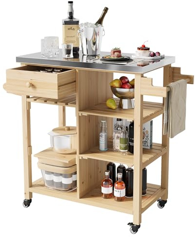 Garvee Carrito de parrilla para exteriores, mesa de horno de pizza portátil de madera con parte superior de acero inoxidable, cajón y 4 estantes abiertos, isla de cocina móvil con ruedas para patio