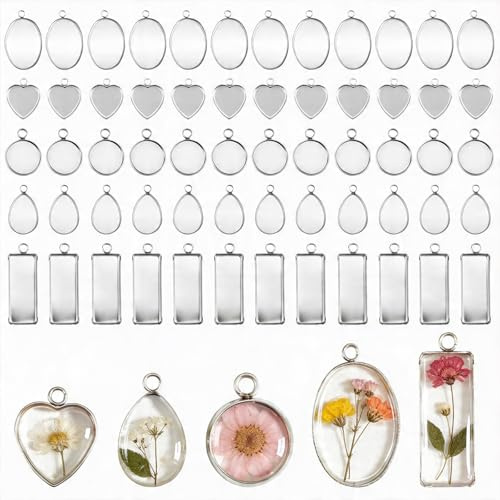 Cobee 60 Pcs 10-13mm Stainless Steel Pendant Trays Kit, 5 Shapes Silver Bezels for Resin Jewelry Making Flat Back Settings for Earring Pendants Cabochons DIY Crafts
