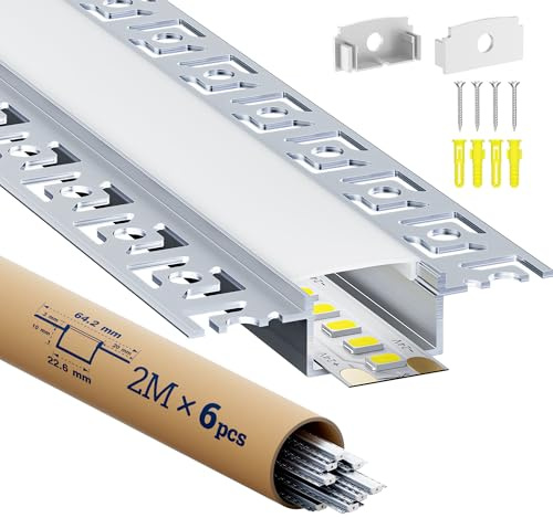 GEEKLUX 6 Sets LED Aluminium Profil für Trockenbau 2 m (Gesamt 12 m), Led Schiene mit Endkappen für led Streifen bis 20mm, Gipskarton Profil mit Diffusor - 2000 x 64,2 x 13,8 mm