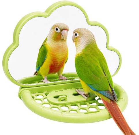 Vogelspiegel mit Sitzstange, Vogel Spiegel Spielzeug Papageien Spiegel mit Fütterungsschale und Stand Wellensittich Spielzeug für Sittiche Nymphensittiche Conures Kanarienvögel