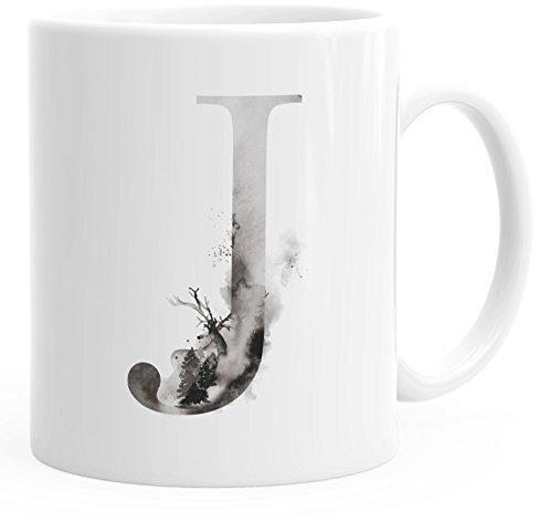 Autiga Buchstaben-Tasse J Tasse mit Buchstabe Alphabet Monogramm Watercolor gezeichnet Kaffeetasse weiß Unisize