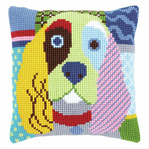 Vervaco Kreuzstich Stickpackungen Kissen Stickerei Set Anfänger Vorgedruckt Cocker Spaniel, patch Stil DIY Set Kreativ Set Für Erwachseneca. 40 x 40 cm Bastelset Handwerker Haus Dekoration