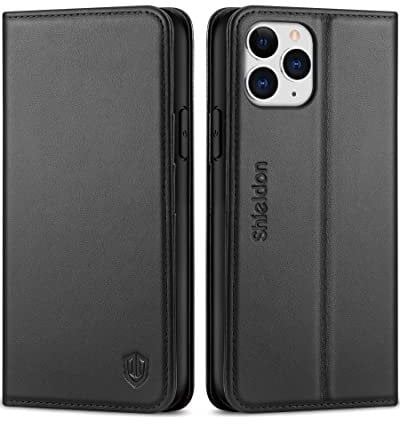 SHIELDON Cover per iPhone 11 Pro, Custodia Vera Pelle Portafoglio Slot Schede Blocco RFID Auto On/Off Flip Caso Magnetico Cover Cavalletto Resistente Compatibile con iPhone 11 Pro (5,8 2019), Nero