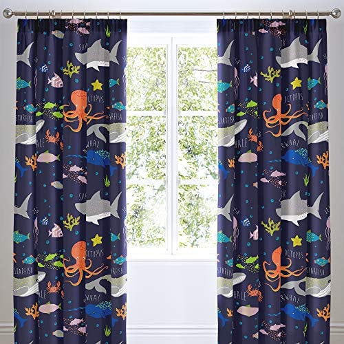 Bedlam - Sea Animals Curtains - Two Panels W66 x L72 (168 x 183cm) Sharks, Fish & Whales Bedding for Kids - Dark Blue Pencil Pleat Curtains for Boys - Sea Creatures Bedroom Accessories