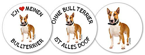 AdriLeo - Runde Aufkleber 3er-Set - braun-weißer Bullterrier - Deko Autoaufkleber Sticker Hund