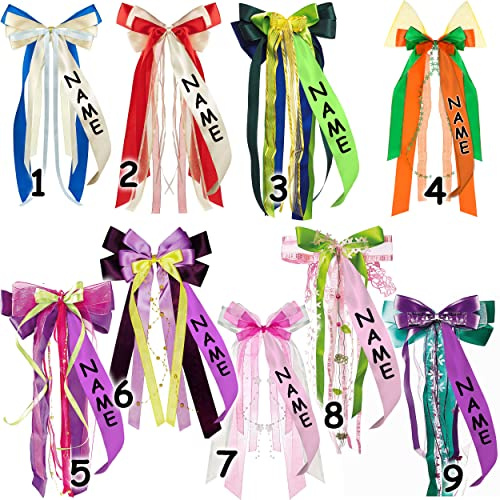 alles-meine.de GmbH große - Schleife/Geschenkschleife - blau - grün & gelb - inkl. Name - 50 cm lang - mit Satin Bändern + Tüllband - für Geschenk und Zuckertüte - Geschenkband..