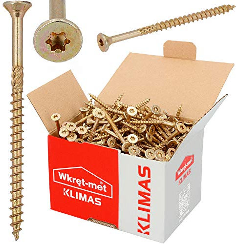 KLIMAS Holzschrauben Torx Spanplattenschrauben 5,0 x 10 mm 200 Stück | Senkkopfschrauben Terrasenschrauben Universalschrauben Dachkonstruktion Schrauben Set TX Gelb