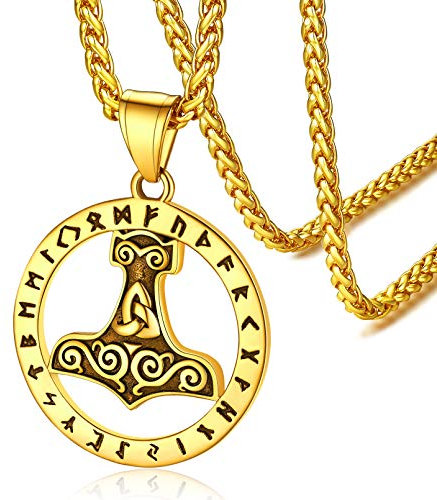 FaithHeart goldener Thors Hammer Anhänger Halskette Retro Viking Thors Hammer Kette Wikinger Amulett Schmuck für Geburtstag Valentinstag