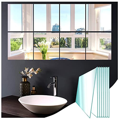 JMITHA Verre Miroirs Muraux Autocollant 8 Pièces, 20.5x20.5cm HD Miroir Adhésif Décoratif Miroirs Carrés sans Cadre pour Salle de Bain, Cuisine, Chambre Entrée et Salon