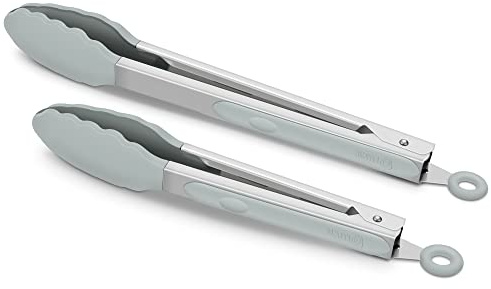 2 Pack Silicone Kitchen Tongs – 9 & 12 Set, Heat Resistant up to 500°F, Non‑Stick Cookware Safe, Wavy Silicone Tips, BPA Free, Locking Clip & Hanging Loop, Warm Grey