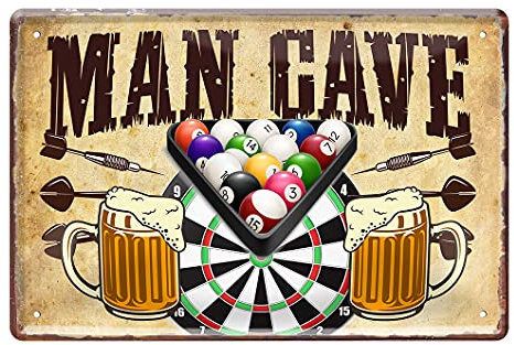 Man Cave Blechschild - Bier Dart Billard Deko Metallschild - Vintage Retro Ausstattung Männerhöhle Partykeller Kellerbar Hausbar - Geschenk Männer Dartspieler Pool Player Biertrinker - 30x20cm