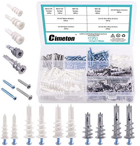 Cimeton Kit di 160 tasselli autoperforanti per cartongesso e tasselli per pareti cave, con viti autofilettanti, tre tipi di tasselli in plastica grandi/piccoli, uno con spaccatura