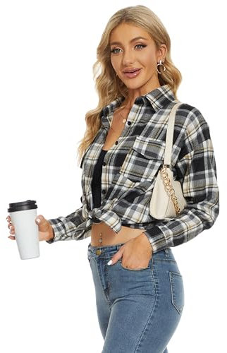 Fourindo Womens Plaid Shirt Ladies Cotton Tops Button Down Long Sleeve Womens Oversize Boyfriend Shirts Casual Flannel Checked Shirt with Pocket