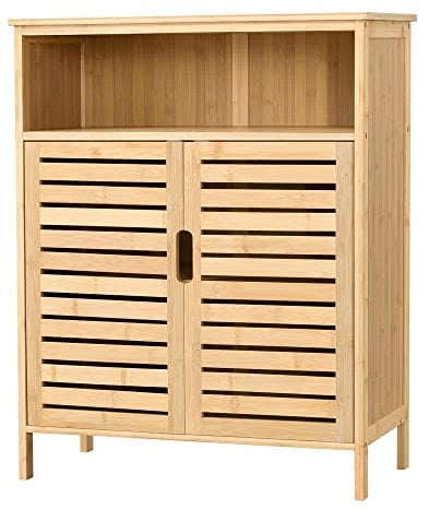 Meuble de Rangement sur Pied à 2 Portes et Compartiments Fermés et Ouvert pour Salle de Bain Meuble à Chaussures Polyvalent pour Entrée Bambou 81 x 66 x 31 cm Naturel