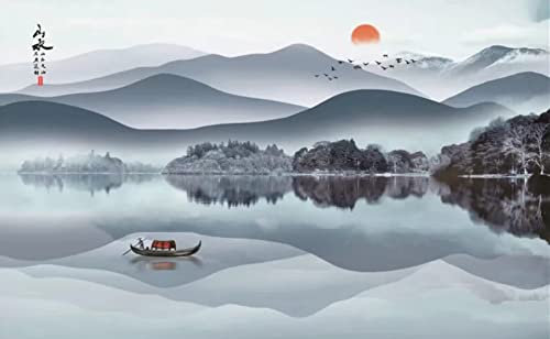 XAONUO Papier Peint Photo 3D Optique Soleil Montagnes Lac Arbres Trompe L Oeil | Déco Mural Tableaux Muraux Photo 380X360Cm Mural Décor Motif Poster Géant Stickers Muraux Optique Fond Effet