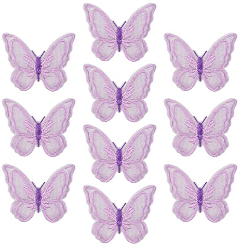 URROMA Applique a forma di farfalla, 10 applicazioni in pizzo viola per cucire su doppio strato di organza pizzo patch per matrimonio sposa accessori per capelli