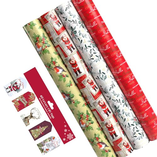 6 x 7M Christmas Traditional Wrapping Paper roll 70CM Large Wrap to Pack Presents With 20 Gift Tags (42m)