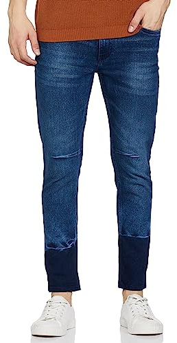 The Indian Garage Co Men Carrot Fit Solid Mid-Rise Stretchable Jeans, Blue, 32