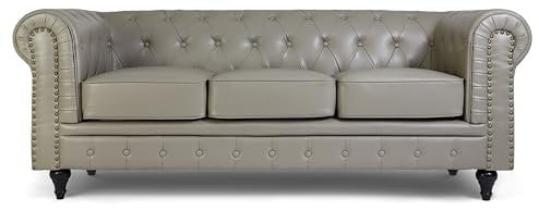 Bravich Leather Chesterfield Sofa- Grey. 3 Seater Settee, Faux Bonded Leather Vintage Couch. Living Room Furniture, Easy Clean. 3 Seater- 209cm x 90cm x 78cm