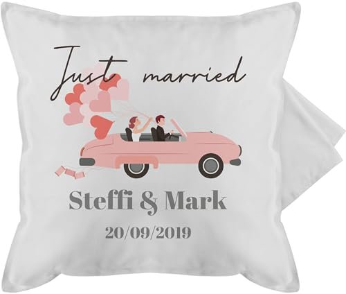 Kissenbezug - Hochzeit Kissen - Just married - Name Datum Hochzeitstag - 50 x 50 cm - Grau - hochzeitsgeschenk hochzeitsgeschenke hochzeits brautpaar personalisierte hochzeitskissen zuckerhochzeit