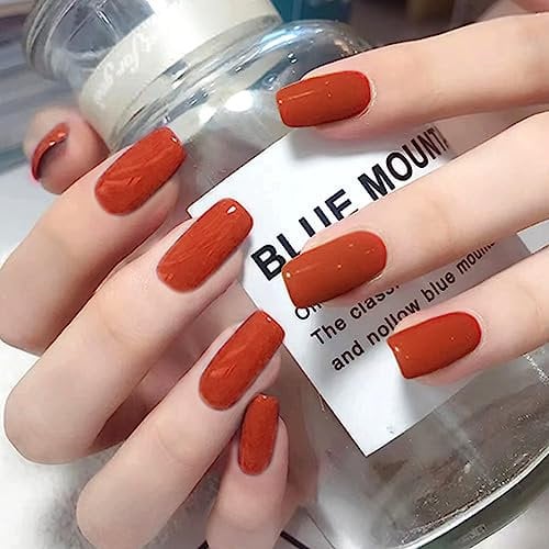 Ceboic 24Pcs False Nails Medium, Square Shiny Press On Nails with Glue Stickers, French Pure Color Ballerina Fake Nail, Natural Reusable Full Cover Stick on Nails for Women and Girls (Red)