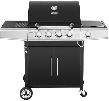 Royal Gourmet Barbecue Gaz à 4+1 Brûleurs en Acier Inoxydable, Gril à Gaz de Puissance 14,5kW avec Tablettes et Thermomètre, 2 Roues Directionnelles, 2 Portes, Adapté pour Jardin et Extérieure, Noir