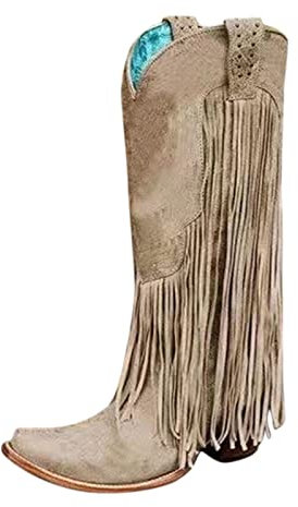 Stivali Texani Donna Pelle Alto Stivaletti Anfibi Frange Stivali Equitazione Invernali Western Stivali Texani Biker con Tacco Stivali Camperos Stivali Cowboy Vintage Camoscio