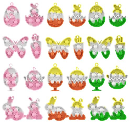 Capgoost Pop Push It Fidget Toy, 24 Stück Mini Silikon Schlüsselanhänger, Osterhase Sensory Toy, Ostereier Squeeze Poppet Bubble Finger Toys, Stress Reliever Anti-Angst für Kinder Erwachsene