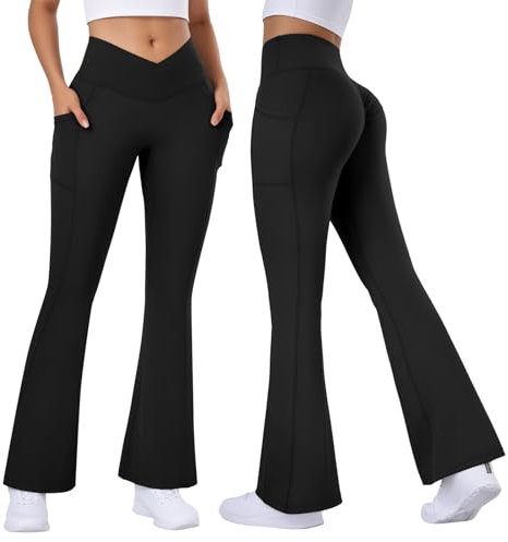 Vertvie Yogahose Damen Schlaghose Lang Flared Leggings Booty Scrunch Bootcut Sporthose mit Taschen V Cross Bootleg Yoga Pants Fitnesshose Jazzpants(Schwarz,XXL)