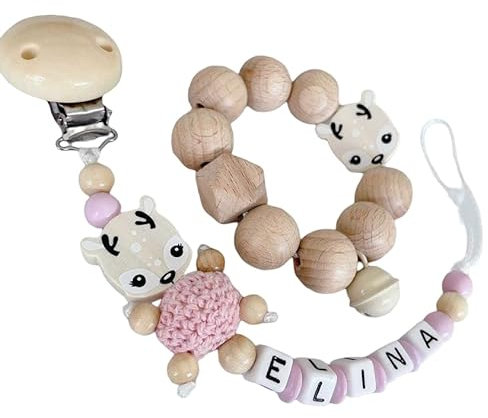 2er Set personalisierte Kette mit Namen Wunschnamen Holz Name | Handmade Babygeschenk zur Geburt für neugeborene (Reh Natur Holz Rosa Set)