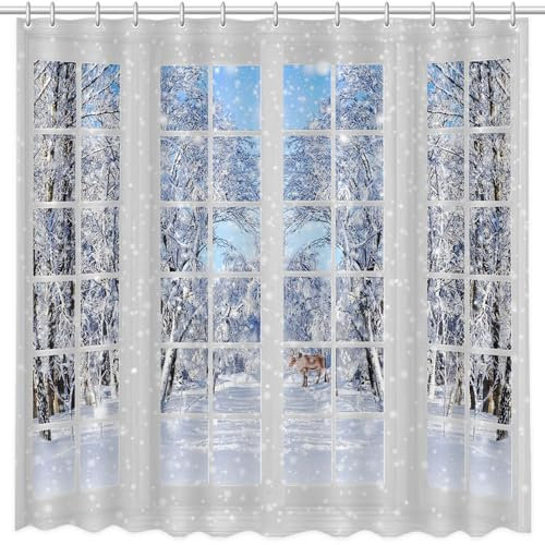 MEHOFOND 183 x 183 cm, Winter, Weihnachten, Duschvorhang, Fenster, Elch, Landschaft, Schnee, Wald, Natur, Heimdekoration, wasserdicht, Familie, Badewanne, Dekoration, Polyester, Stoff mit 12 Haken.