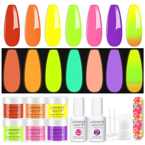 Lavender Violets 12 Pcs Dip Powder Nail Kit Starter Glow in the Dark Halloween Luminous Neon Orange Yellow Green Red Pink Purple Dipping Powder Liquid Set with Base,Top Coat Activator Manicure M226