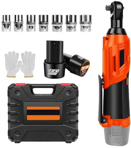 Bowose Akku-Ratschenschlüssel 12V 10mm Elektrischer Ratschenschlüssel 40N.m mit 2x 1,5Ah Akkus, 7 Steckschlüsseleinsätze, Kompakter Ratschenschlüssel für engen Raum, Orange