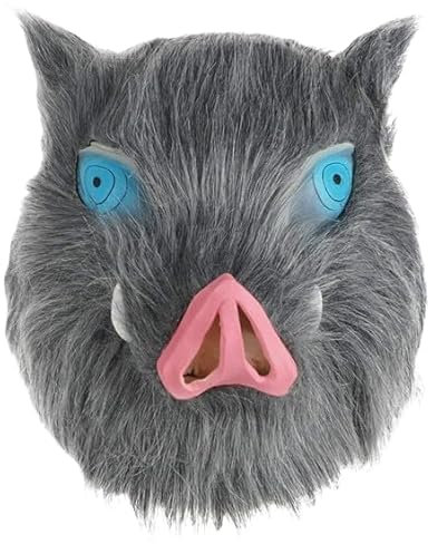 Kraja Wildschweinmaske D. Slayer / Hut mit Fell für Inosuke Hashibira Cosplay (Inosuke Hashibira Grau)