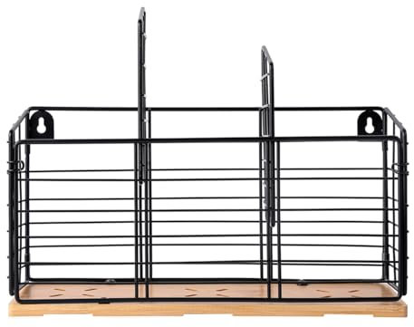 Jeensley Utensil Holder, Boxed Flat-Pack Metal Wire Utensil Caddy with Wooden Base, 3-Compartment with Removable Divider Pieces, Countertop & Wall Mounted Versatile Multifunctional Organizer