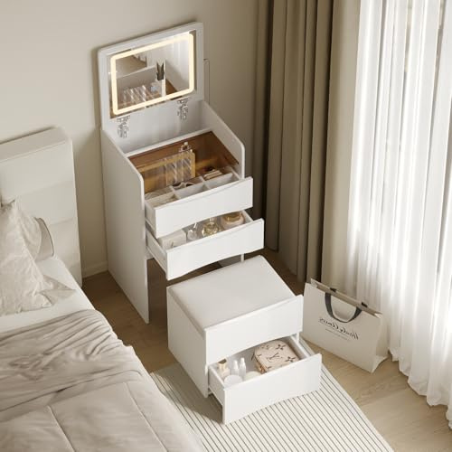 PREMTURE Dressing Table with Flip Top Mirror and LED Lights, 2-in-1 Small Makeup Table with 3 Drawers & Cushioned Stool, Compact Vanity Desk Set for Bedroom Small Spaces, White