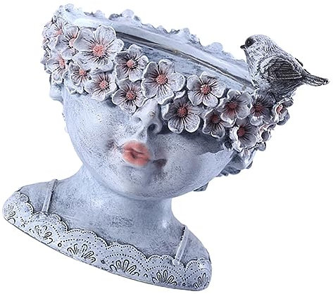 YARNOW Unique Resin Succulent Planter Girl Solar Head Sculpture for Garden Patio Indoor Outdoor Decorative Home Flowerpot Ornament Medium Size