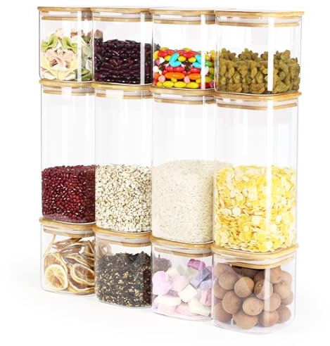 AIQII 12er Set Vorratsgläser mit Deckel ,750/1580ml Vorratsdosen Glas Eckig ,Stapelbare Aufbewahrungsgläser Luftdicht für Pasta, Cornflakes, Müsli, Bohnen Aufbewahrung