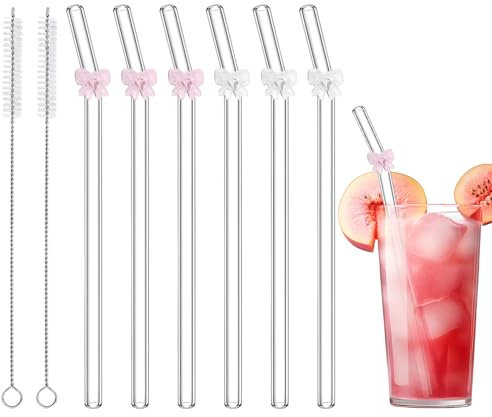 6 Pcs Glass Straws with 2 Cleaning Brushes, Cute Pink Bow Glass Straws Shatter Resistant, Reusable Straw Dishwasher Safe for Coffee Lover, Milkshake, Smoothies, Juice, Aesthetic Gift