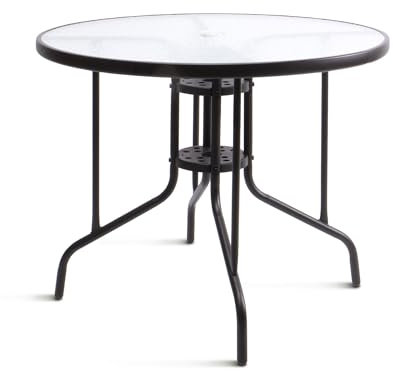 THE SECRET HOME - Mesa Redonda de Metal con Base de Cristal Texturizado - Diámetro. Ø90 x Alto. 70 cm - Mesa para Exteriores - Ideal para Jardín, Terraza, Patio o Balcón (Negro)