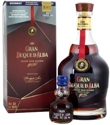 Gran Duque de Alba | Brandy de Jerez 700ml mit Mini GDA XO 50ml | Mehrfach ausgezeichneter Brandy u.a mit Gold bei der San Francisco World Spirits Competition | 700ml + 50ml | 40% Vol.