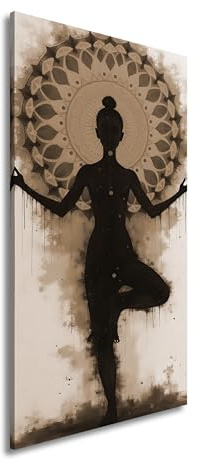 Leinwandbild Stille Balance – Meditation vor flammendem Mandala. Panorama 100x50cm Effekt: Sepia XXL Kunstdruck Bild auf Keilrahmen/Wandbild/Wohnzimmer Dekoration