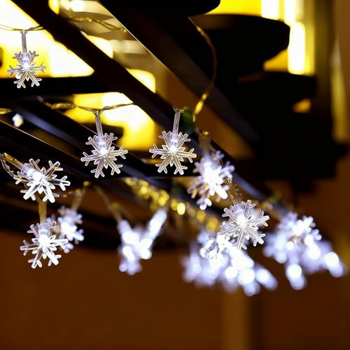 1,5 m 10 LED Copo de nieve Cadena de luces para exteriores, cortina de luces de Navidad, cadena de luces LED alimentada por pilas, cadena de luces LED decorativa para exterior e interior