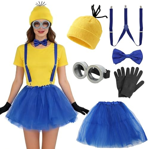 ZABARE Karneval Kostüm,Gelbes Kostüm Damen,7PCS Gelbes Kostüm Set,Cosplay Kostüm Accessorie,Faschingskostüme Cospaly Mottoparty für Damen Herren,Mütze Brille Hosenträger Handschuhe.