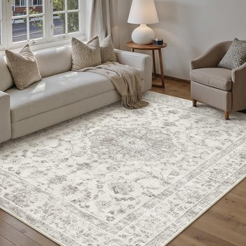 PureCozy Grau Teppich Wohnzimmer 160x230cm Waschbarer Vintage Teppiche | Rutschfest Kurzflor,Weich Teppiche,Wohnzimmerteppich,Schlafzimmer,Esszimmer,Büro,Kinderzimmer