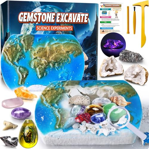 UNGLINGA Kit de excavación de piedras preciosas para niños, niños y niñas, idea de regalo de cumpleaños con 15 piedras preciosas y fósiles auténticos, incluye herramienta, juguete educativo de