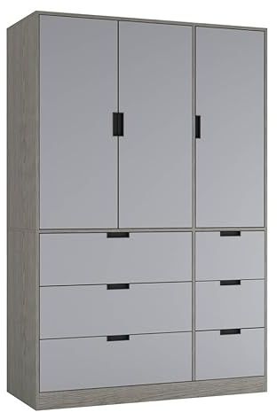 URBNLIVING 3-Door Wardrobe with 6 Drawers – Customisable Two-Tone Storage Unit - Cedar Grey Unit & Grey Doors & Drawers