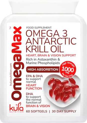 OmegaMax - High Strength Red Krill Oil Capsules 500mg - 60 Softgels | 1000mg per Serving - Astaxanthin - Sustainably Sourced Omega 3 Oil for Heart, Blood Pressure, Vision and Brain Health