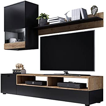 Mirjan24 Wohnwand Pat, Wohnmöbel, Wohnzimmer-Set, Elegante, Wohnzimmer Kollektion, Stilvolles TV-Lowboard, Vitrine, Wandregal (Schwarz/Lefkas Eiche, mit weißer LED Beleuchtung)